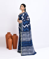 Indigo Pure Dabu Zigzag Pattern Handblock Printed  Sico Chanderi Saree